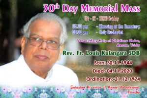 30th Day Memorial Mass for Fr. Louis Kulangara sdb